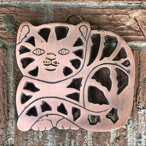 Vintage Copper Coated Cast Iron Cutout Cat Shaped Trivet Hot Plate